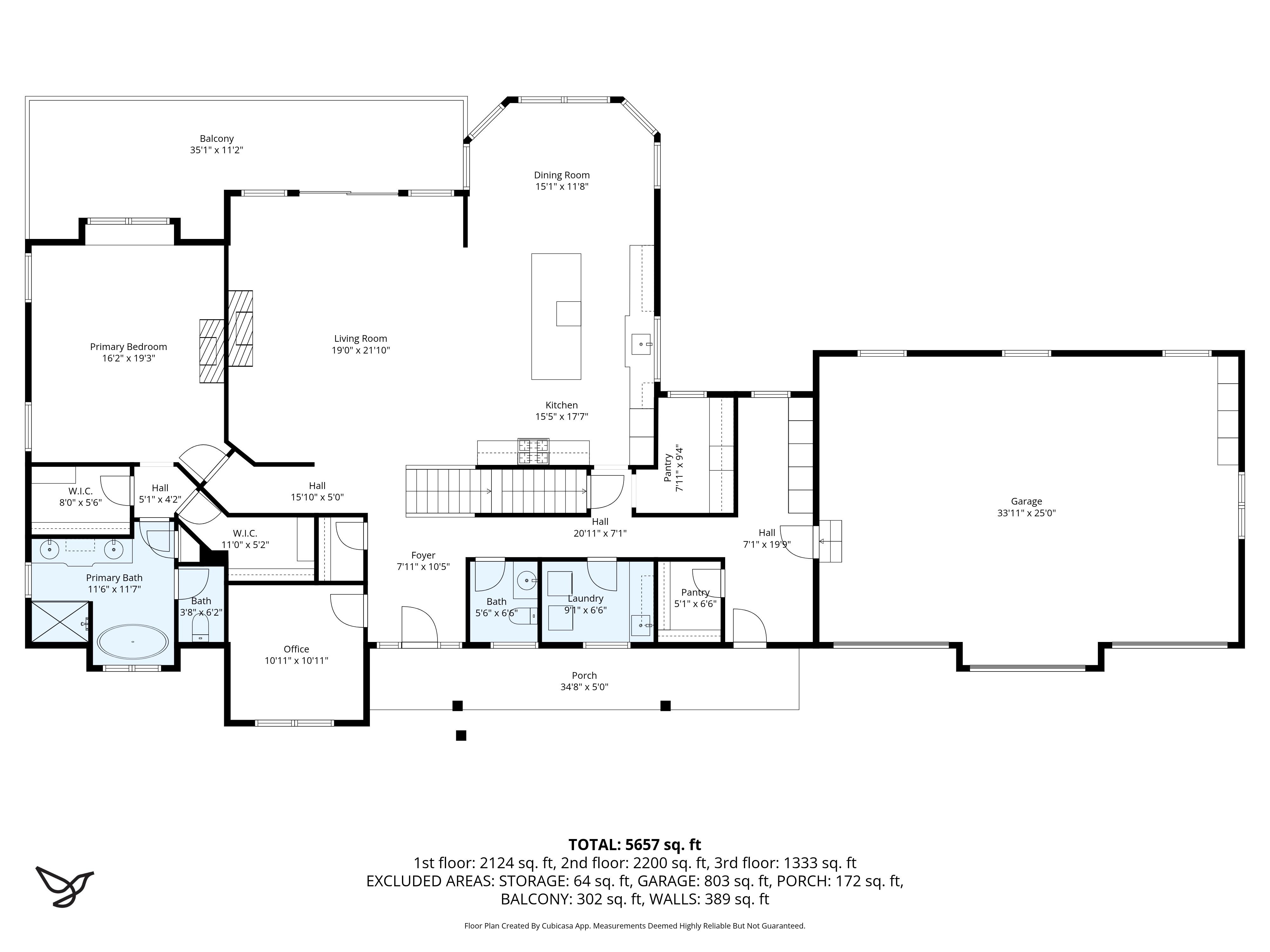Floor plan of the third story showing three bedrooms, two bathrooms, hallways, and an open space below, with room dimensions and layout details.