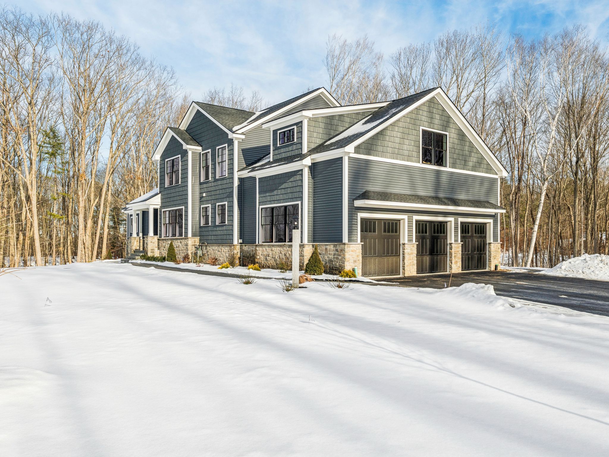 Modern blue house with stone accents, large windows, and a three-car garage, surrounded by snow and leafless trees in winter.