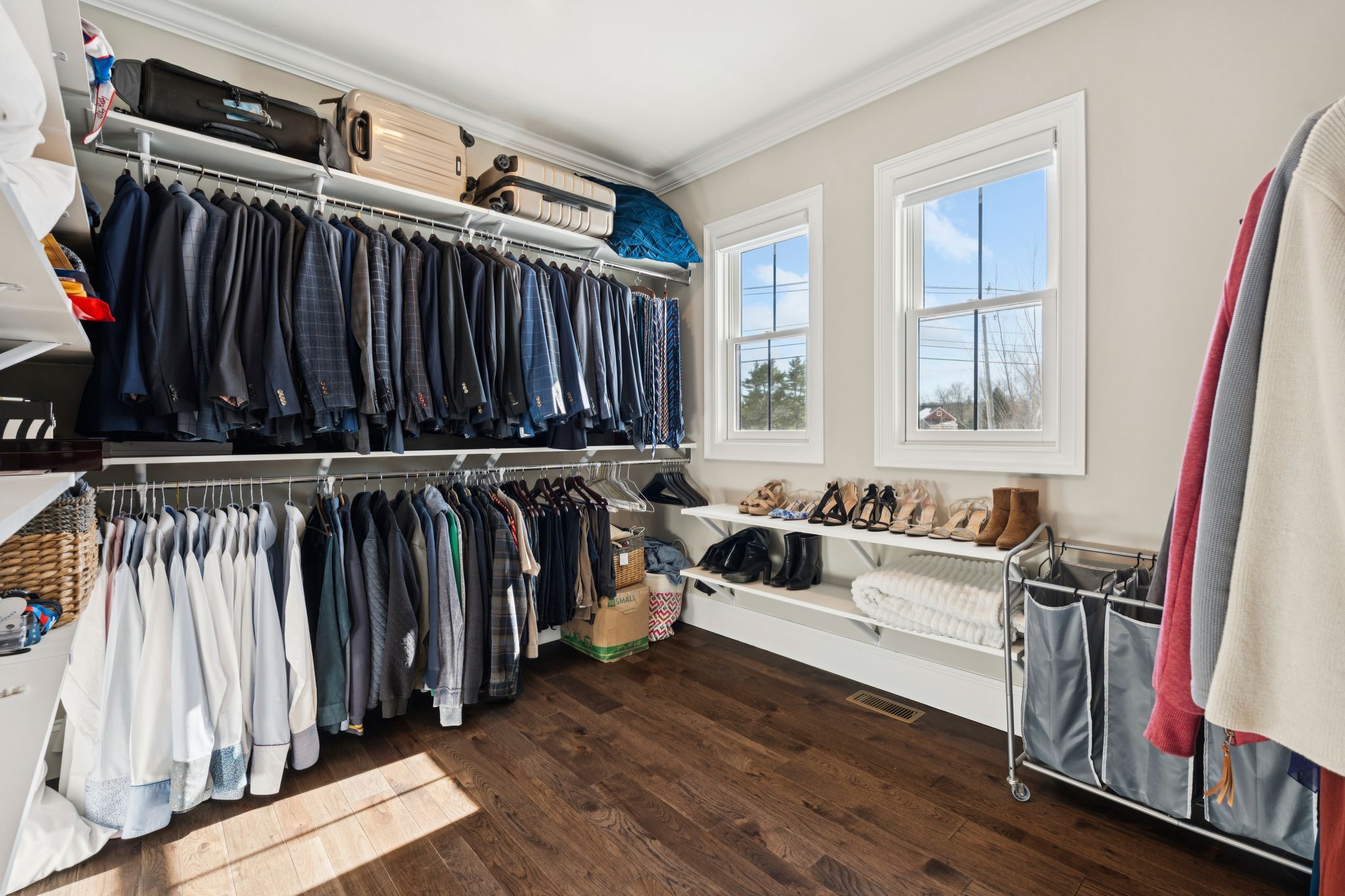 Snow-covered backyard with leafless trees and a clear blue sky during winter day