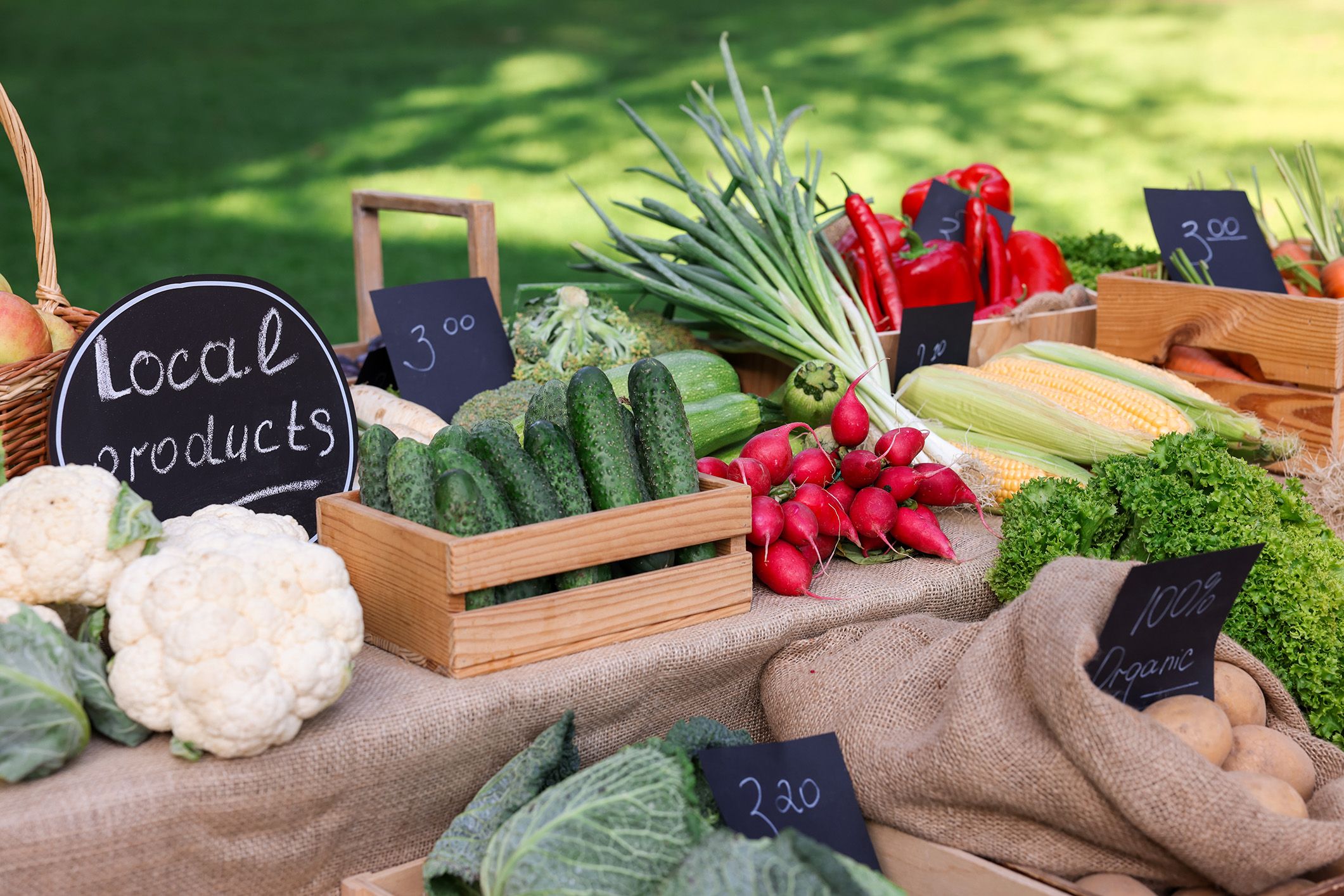 Fresh local organic vegetables at a farmer's market stand including cauliflower, cucumbers, radishes, lettuce, and corn, with handwritten price tags.