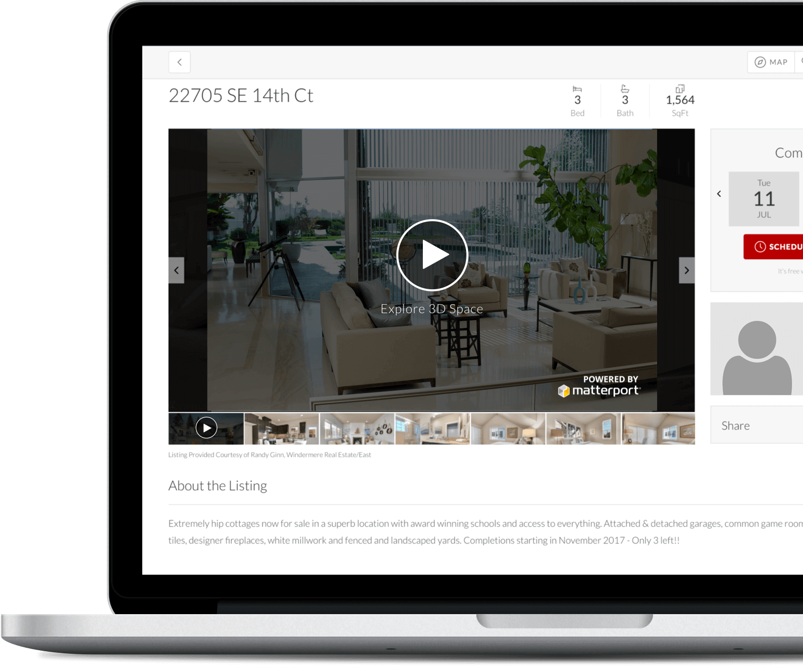 Virtual tour of modern living room with large windows, contemporary furniture, and scenic outdoor view