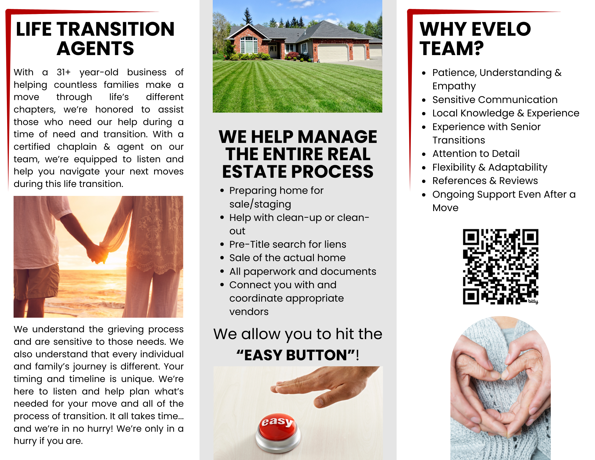 Real estate team helping families with life transitions, estate management, and moving process, featuring house photo, couple holding hands at sunset, QR code, and heart-shaped hands on chest.