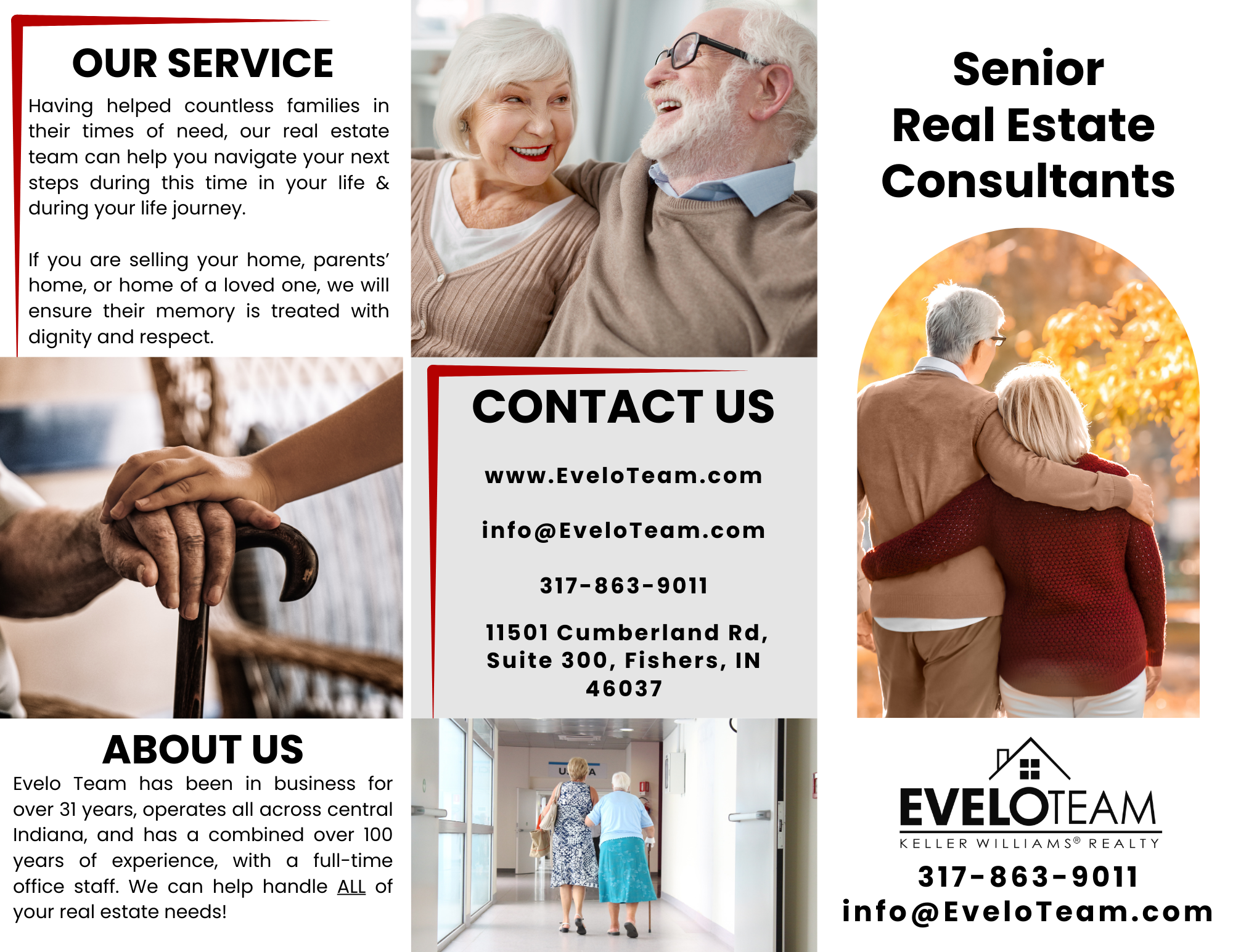 Senior and elderly couple outdoors hugging during fall season, senior real estate consultants offering home buying and selling assistance, contact information for Evelo Team Keller Williams Realty
