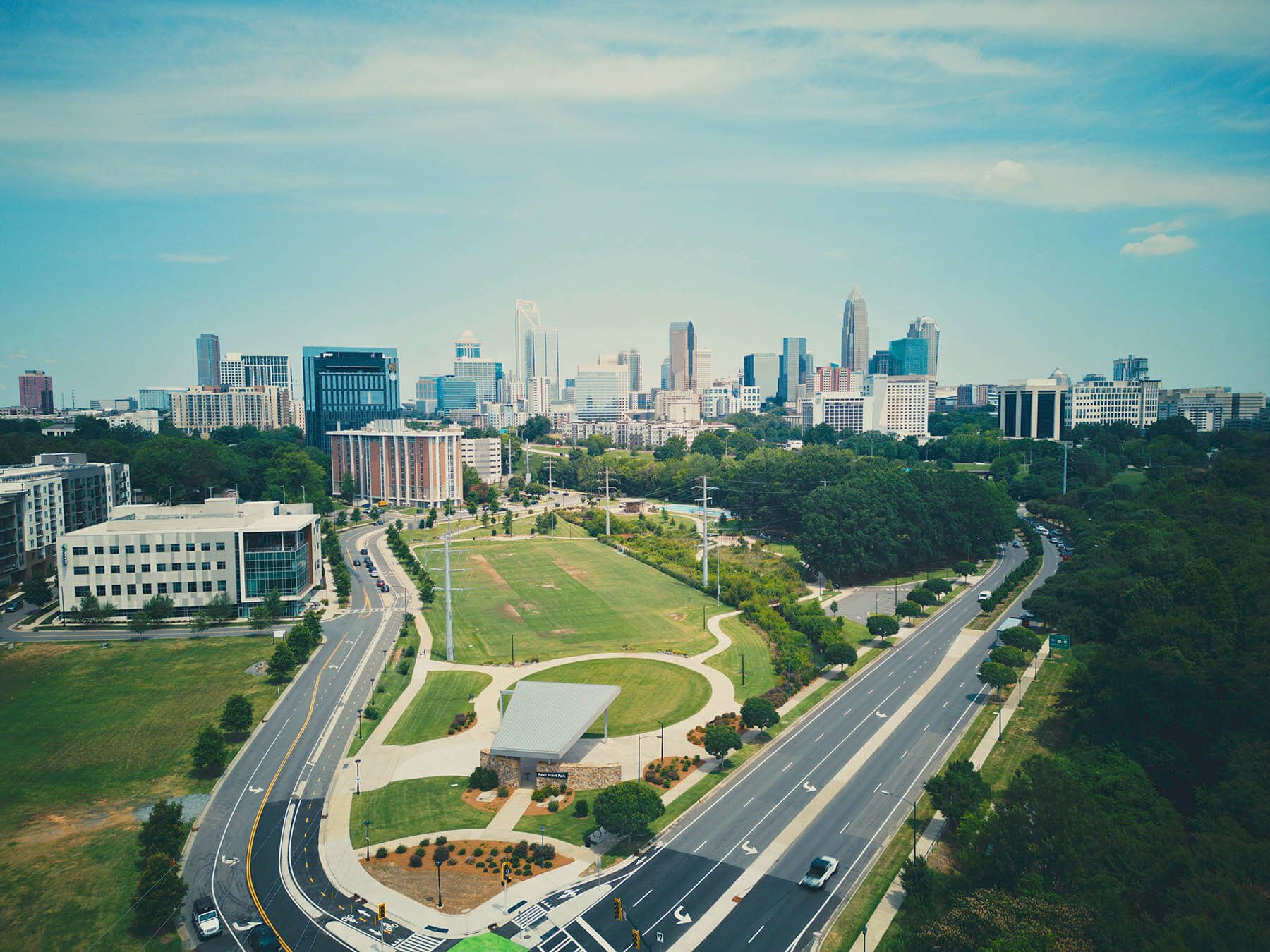 parks and skyscrapers in Charlotte NC