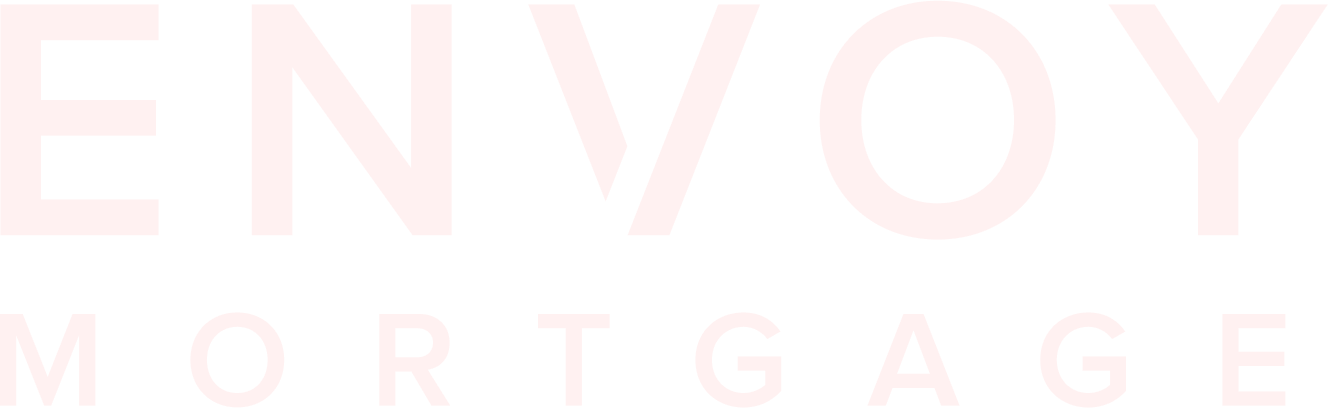 Logo of Envy Mortgage with stylized text in light pink color on a transparent background.