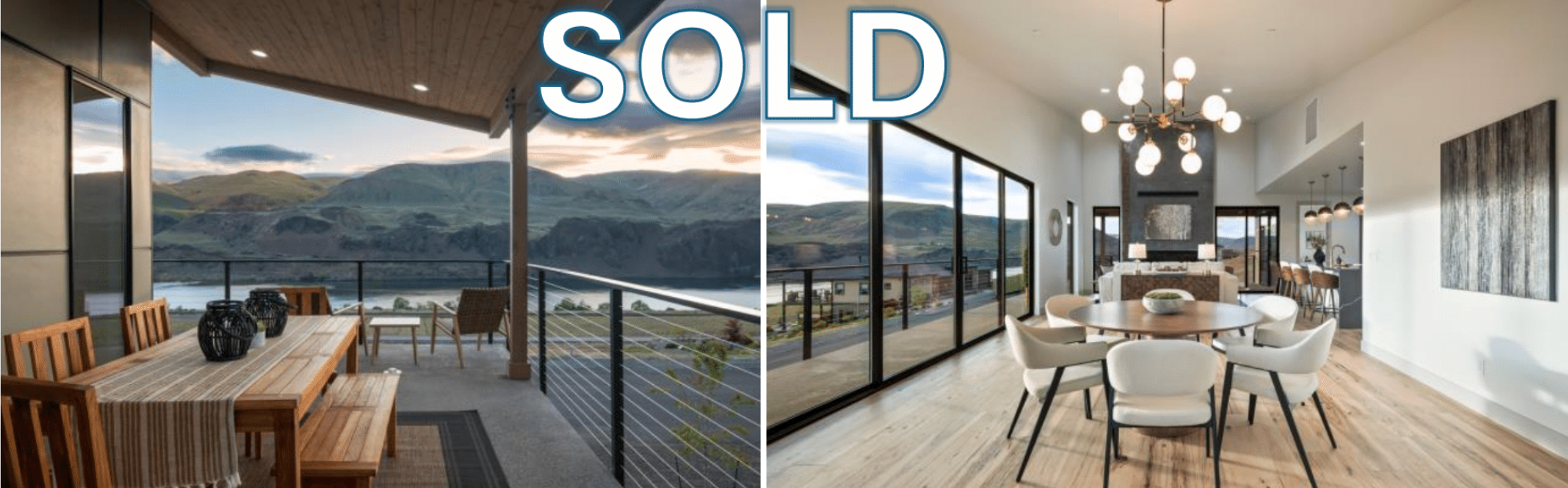 Modern house interior and balcony with scenic mountain view, sold property, open-plan dining and living area with large windows, contemporary decor, and stylish lighting.