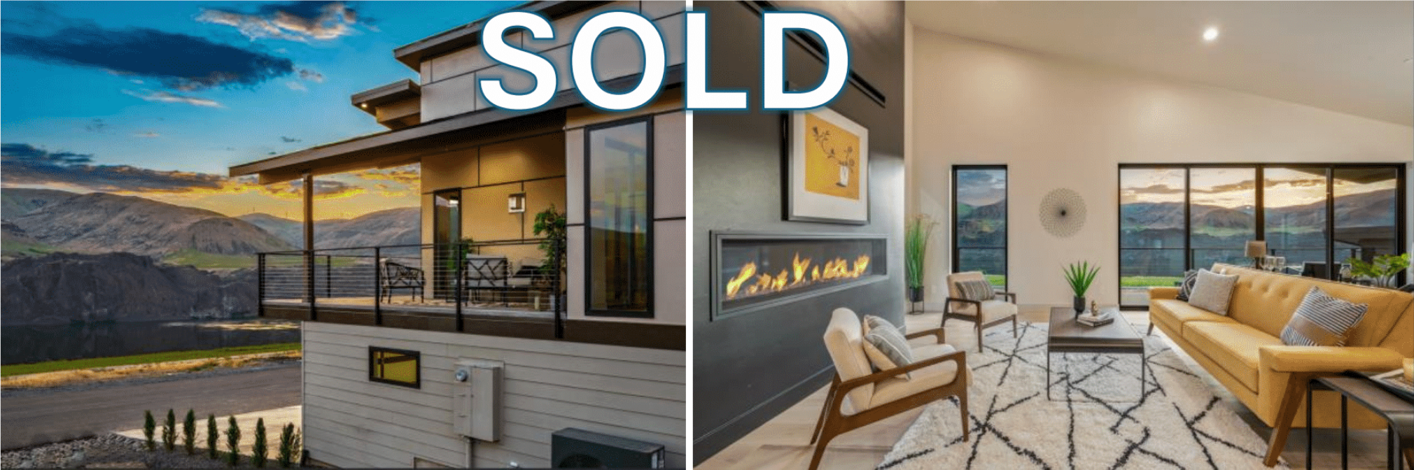 Split view of a modern house exterior and interior with the word SOLD overlaid in large text, showing a sleek house with a balcony and a stylish living room with a fireplace and mountain views