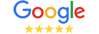 Google logo with five gold stars representing a five-star rating