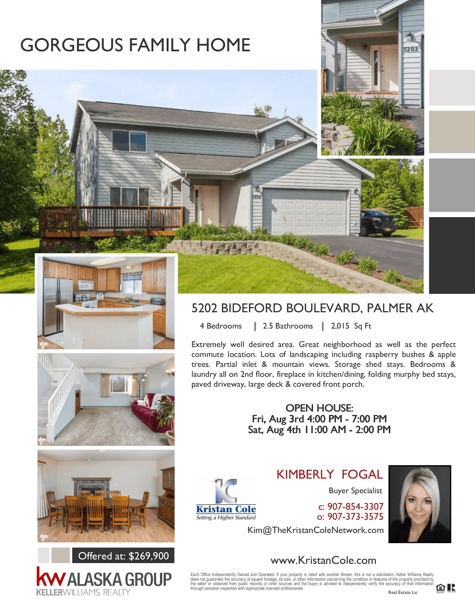 Beautifully maintained family home located at 5202 Bideford Boulevard in Palmer, Alaska, featuring 4 bedrooms, 2.5 bathrooms, a spacious yard, large deck, and covered front porch, with interior images showing a kitchen, living room, and dining area.