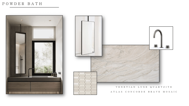 Modern powder bath bathroom design with Marbleite Venetian Luxe Quartzite, Concorde Brave Mosaic tile, hanging mirror, and black faucet fixtures