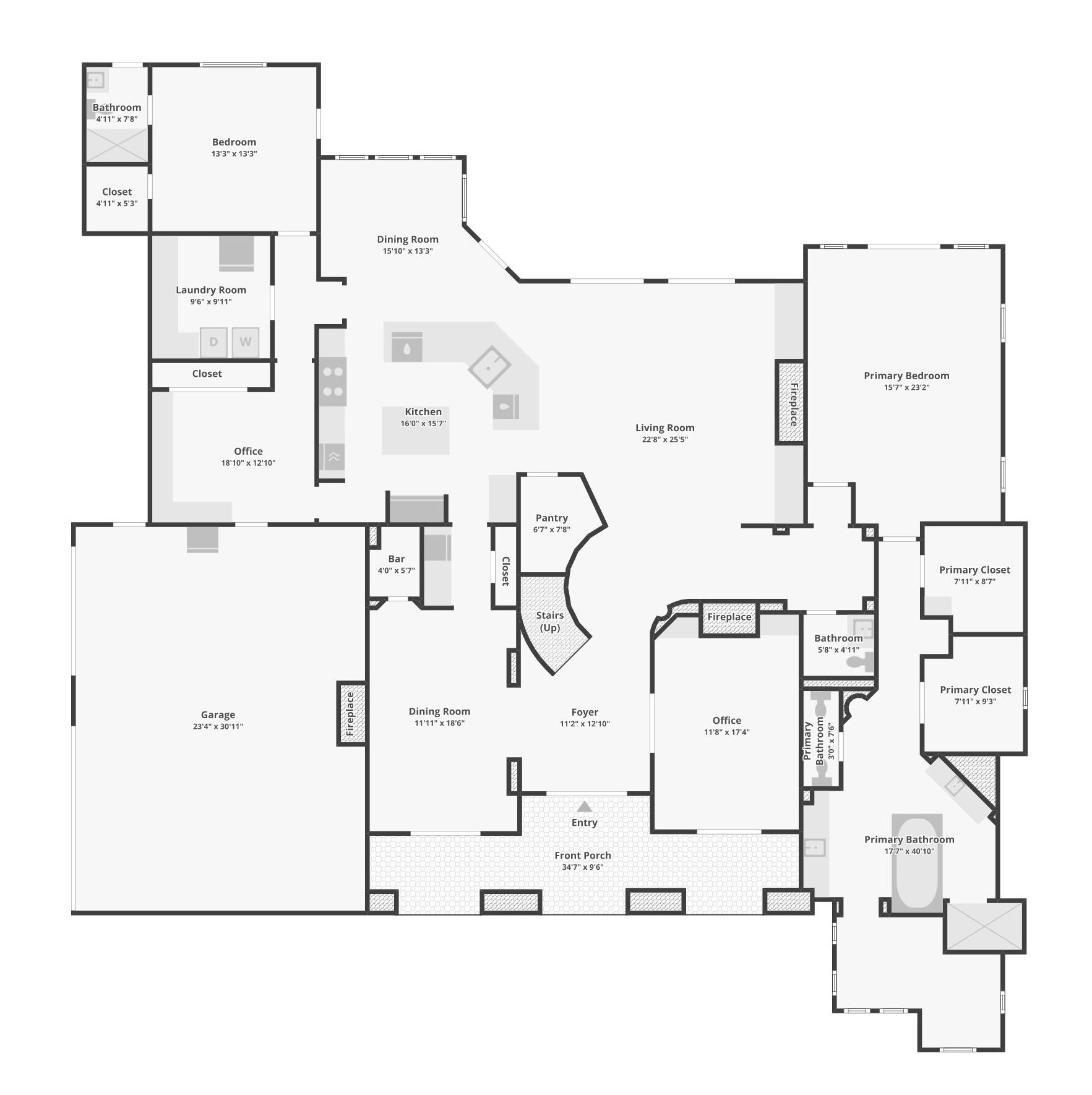 Black and white floor plan of a modern house with labeled rooms including living room, kitchen, dining areas, primary and guest bedrooms, bathrooms, offices, garage, laundry room, pantry, walk-in closets, fireplaces, stairs, and entry porch.