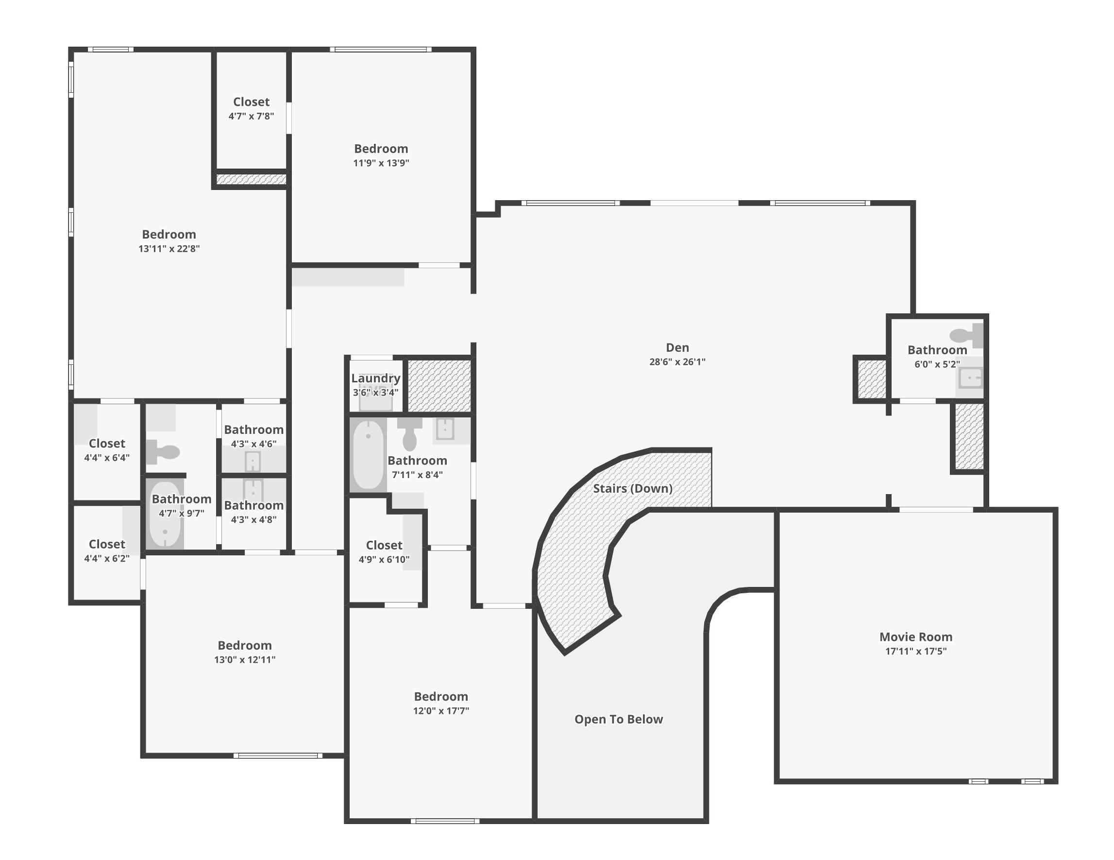 Floor plan of a multi-bedroom house featuring four bedrooms, three bathrooms, a laundry room, a den, a movie room, and closets, with designated spaces for stairs, open area below, and multiple bathrooms and closets for storage.