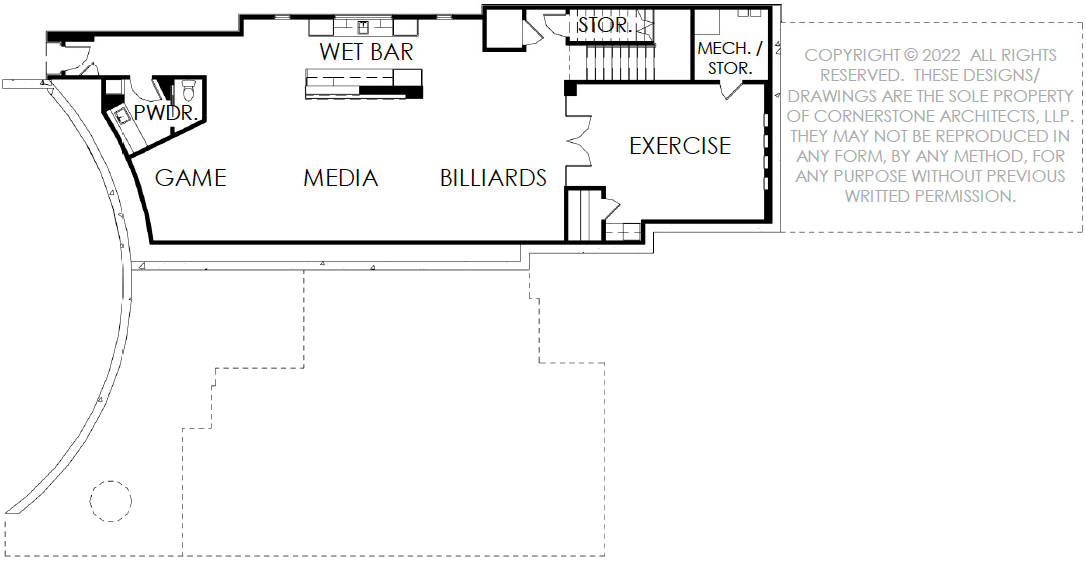 Floor plan layout of a recreational room with a wet bar, game area, media space, billiards, exercise area, storage, mechanical/storage room, and powder room in a residential building.