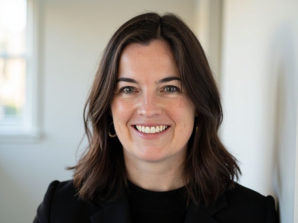 Professional headshot of a smiling woman with shoulder-length dark hair, wearing a black blazer and maroon top against a gray background