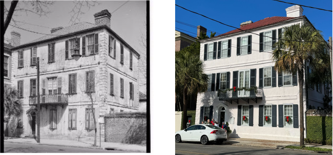 Left: William Harvey House (ca 1757) at 110 Broad Street, Charleston (photographer Charles N. Bayless, 1933, HABS, LOC). Right: 110 Broad Street, present day. 