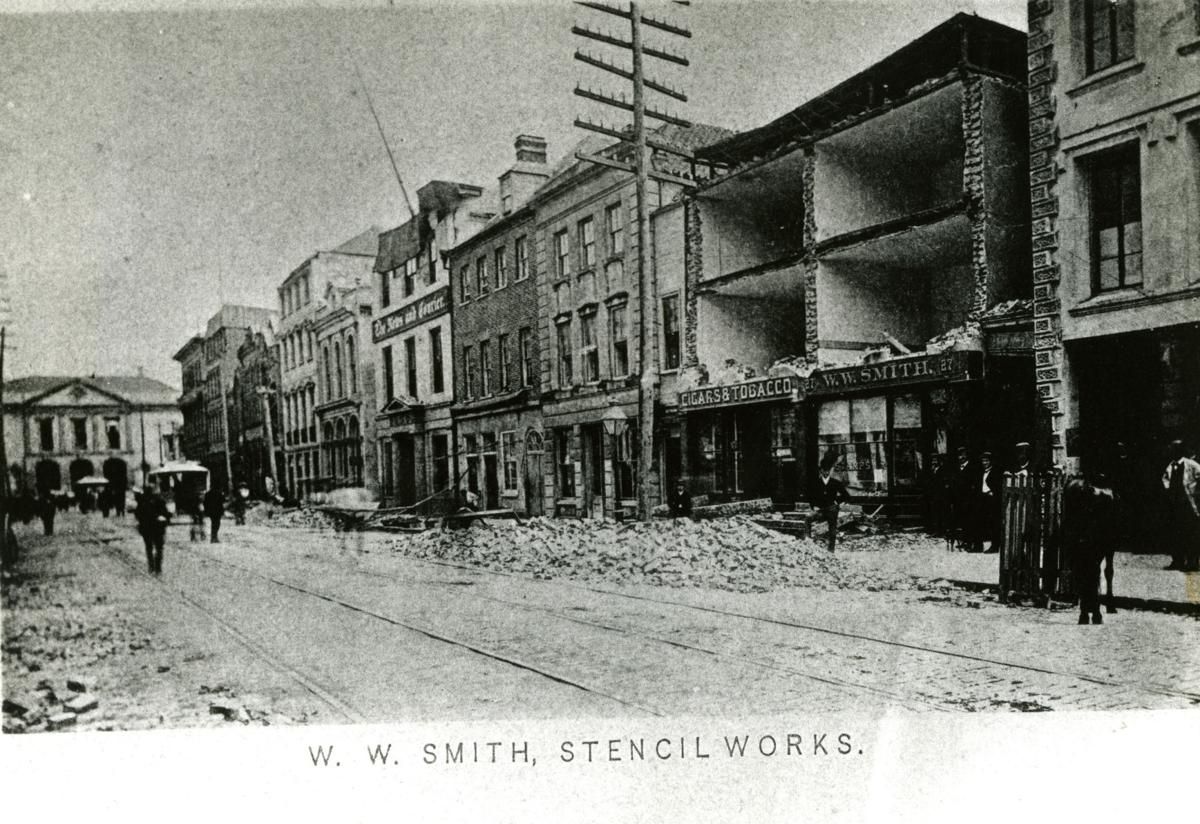 W. W. Smith, Stencilworks, and Cigars & Tabacco shops damaged on South Broad Street