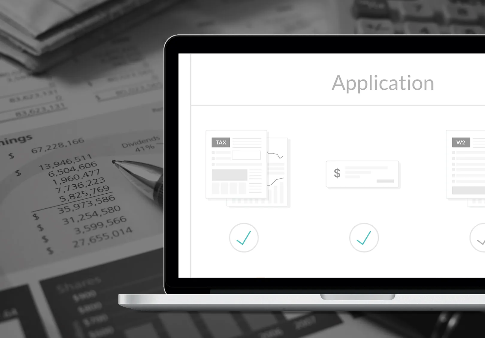 Screenshot of a financial application on a laptop computer showing charts, charts, and checkmarks, with financial documents and a pen in the background.