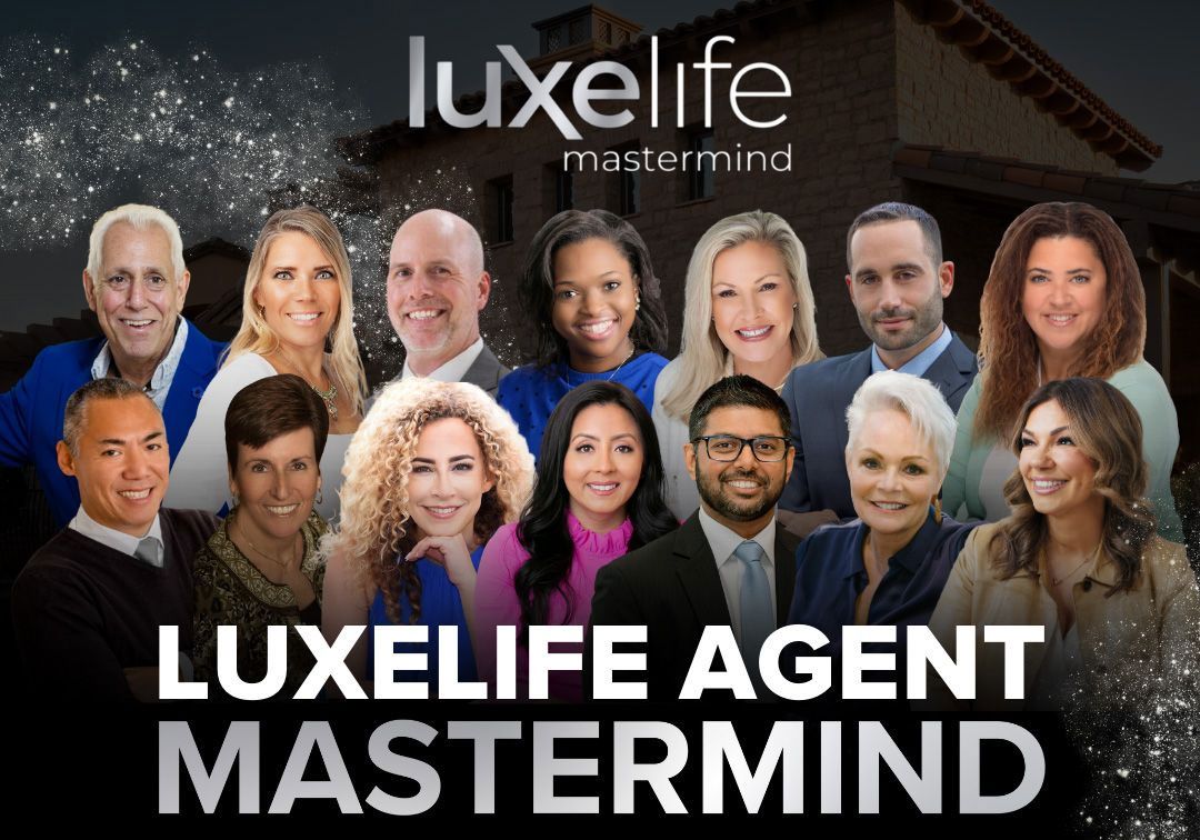 Group of diverse Luxelife agents in professional attire promoting Luxelife Mastermind event.