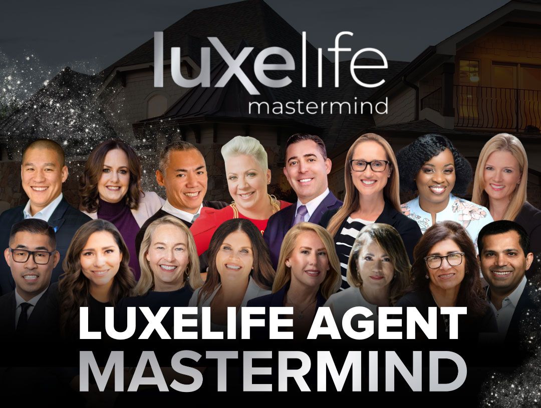 Luxelife agent mastermind group photo featuring diverse professionals in front of a house with sparkling effects and the Luxelife logo.