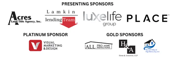 Sponsors logo collage including Acres Land Title Agency, Team Lending, LuxeLife Group, Place, All Pro Home Inspections, One Oak Mortgage, 210 Real Estate, and Horan & Arnsdorf LLP