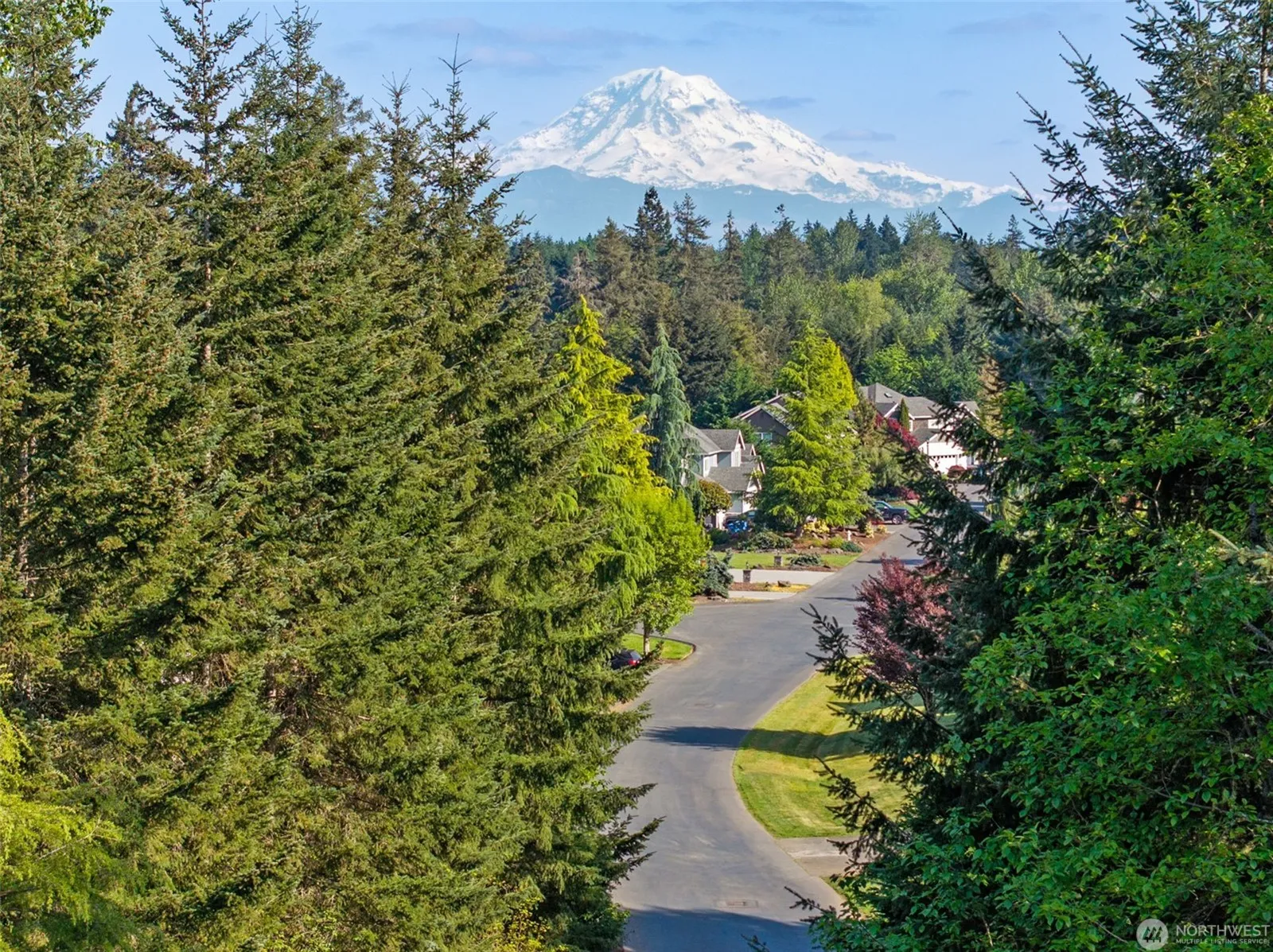 Mount Rainier over farmland near the Orting Highway in Puyallup, Washington
