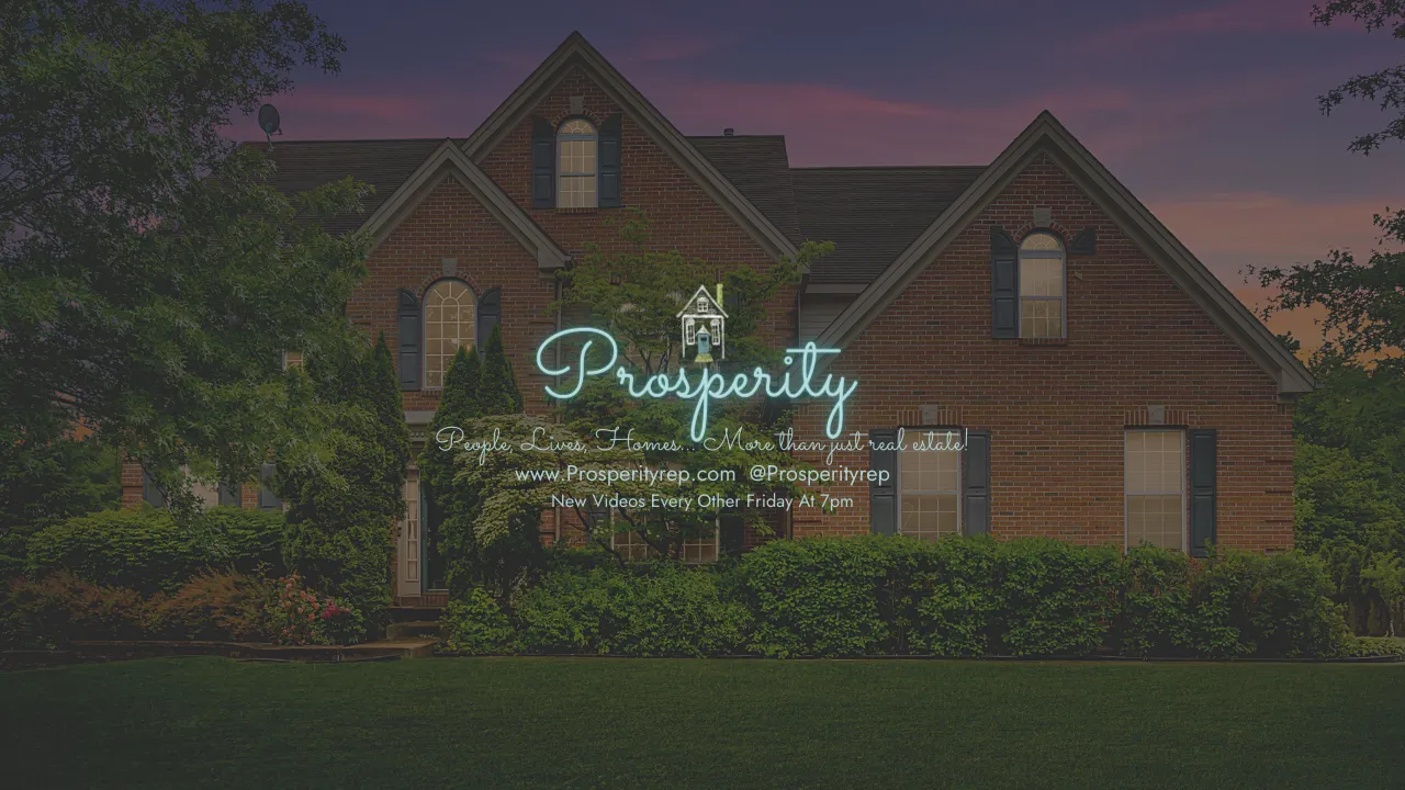 Bright red brick house with multiple gables, surrounded by lush green trees and shrubs during dusk, with promotional neon-style 
