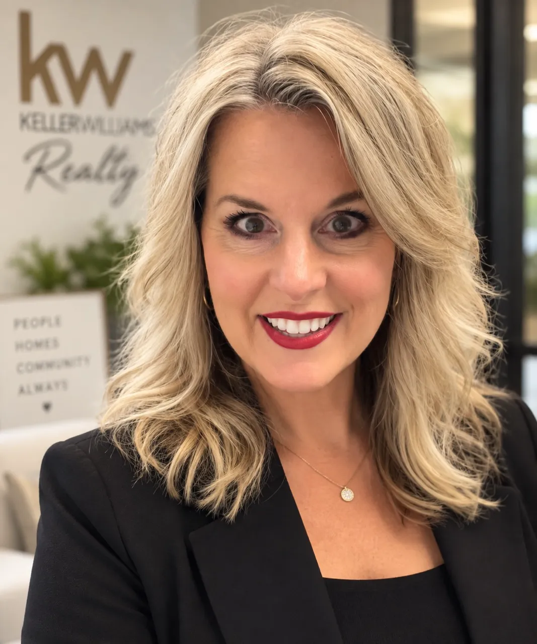 Professional woman with blonde hair, wearing a black blazer and white top, smiling and looking at the camera against a plain white background.