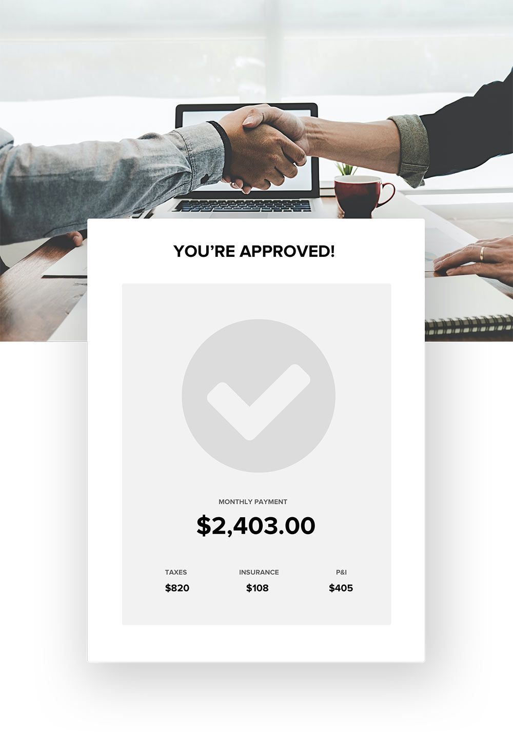 Successful approval notification showing a monthly payment of $2,403.00 with breakdowns for taxes, insurance, and P&I, in a professional office setting.