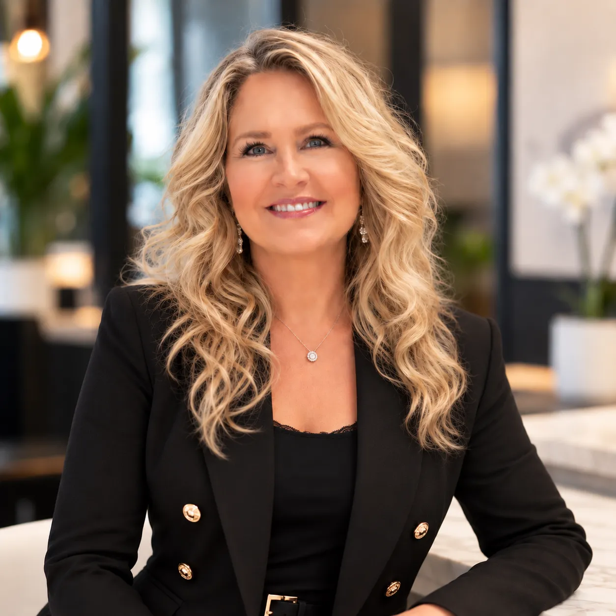 Portrait of a smiling middle-aged woman with blonde wavy hair, wearing a light blue blazer and a gold necklace, outdoors with a blurred background of trees and sunlight.