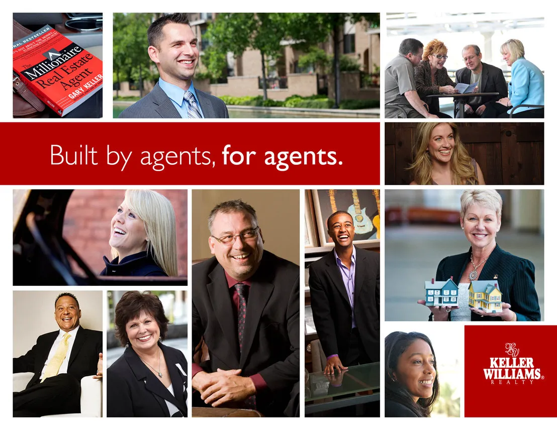Group of diverse real estate agents and professionals smiling, working together, and promoting Keller Williams Realty, with a focus on teamwork and client service in the real estate industry.