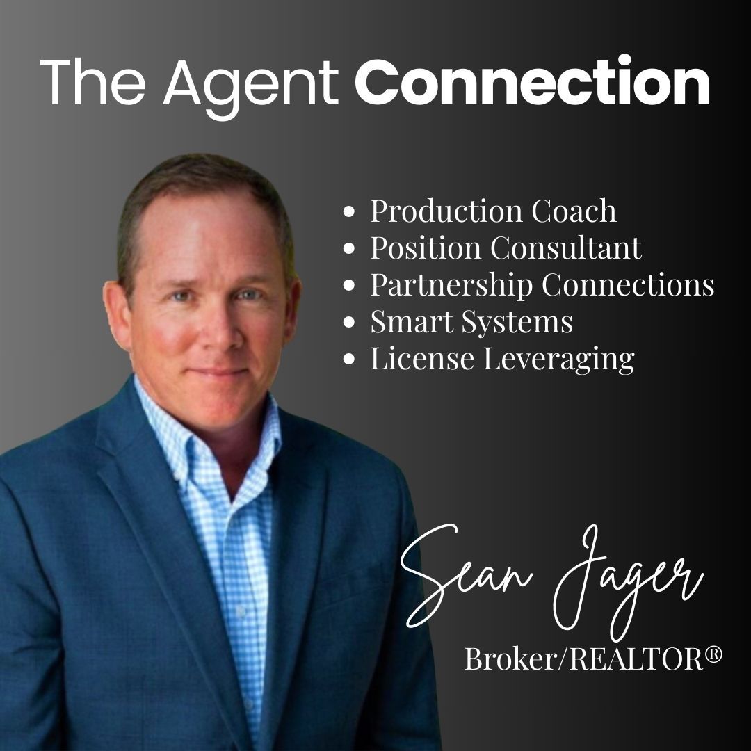 The Leading Agent coaching and consulting services promotional image featuring a smiling female real estate agent with crossed arms, wearing a black jacket with a gold zipper, with gradient background from white to black.