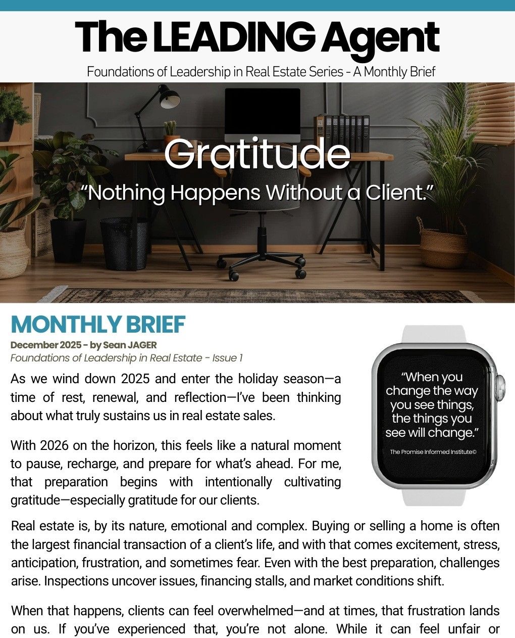A magazine cover featuring a modern home office with potted plants, a desk, and an Apple Watch displaying a quote about perception change
