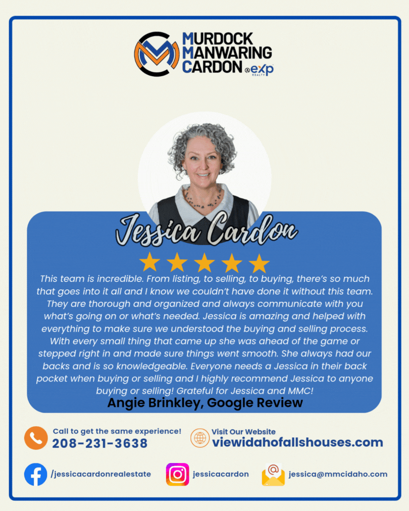 Jessica Cardon, real estate agent, five-star review by Angie Brinkley on Google Reviews, featuring contact information and social media links, for Murdock Manwaring Cardon real estate team.