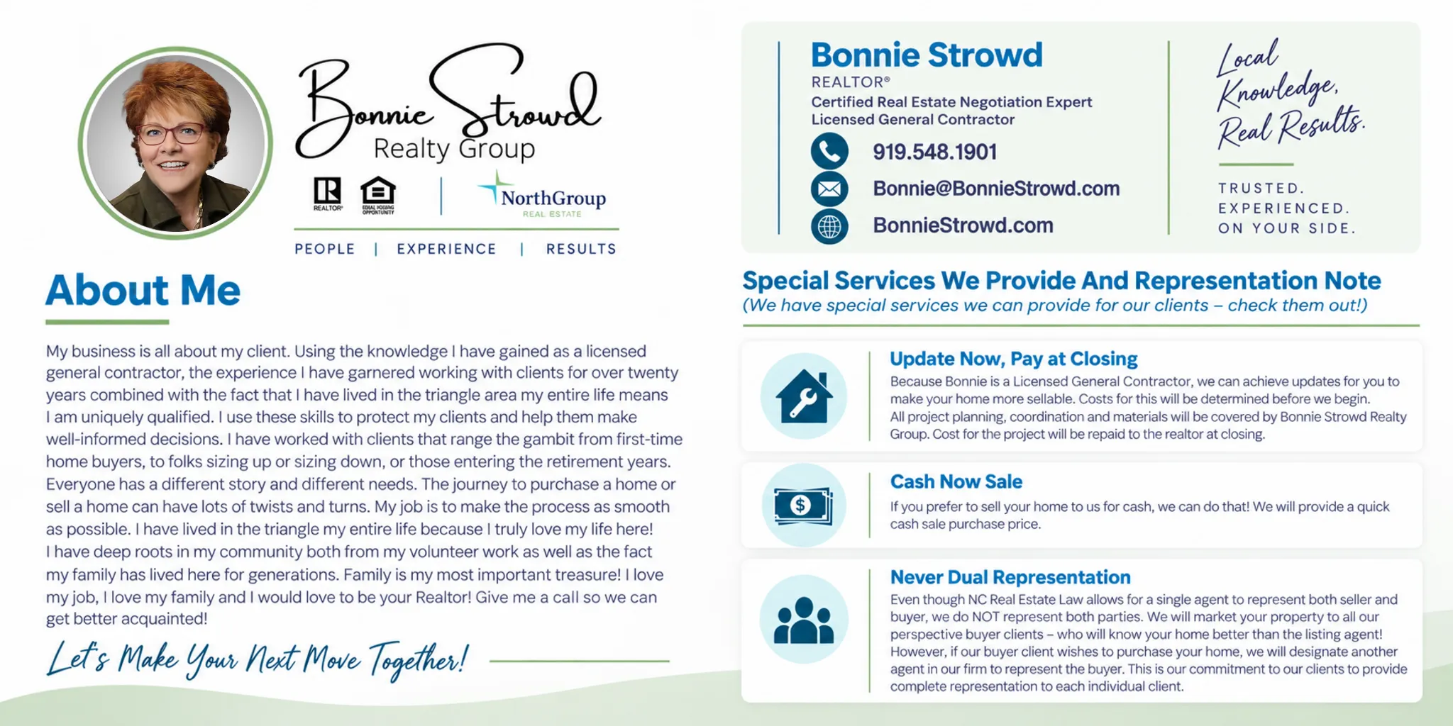 Business card for Bonnie Stroud, a licensed real estate agent from Bonnie Stroud Realty Group, featuring her photo, contact information, and details about her real estate services in NorthGroup Real Estate.