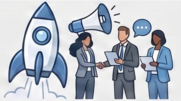 Rocket and marketing team icon