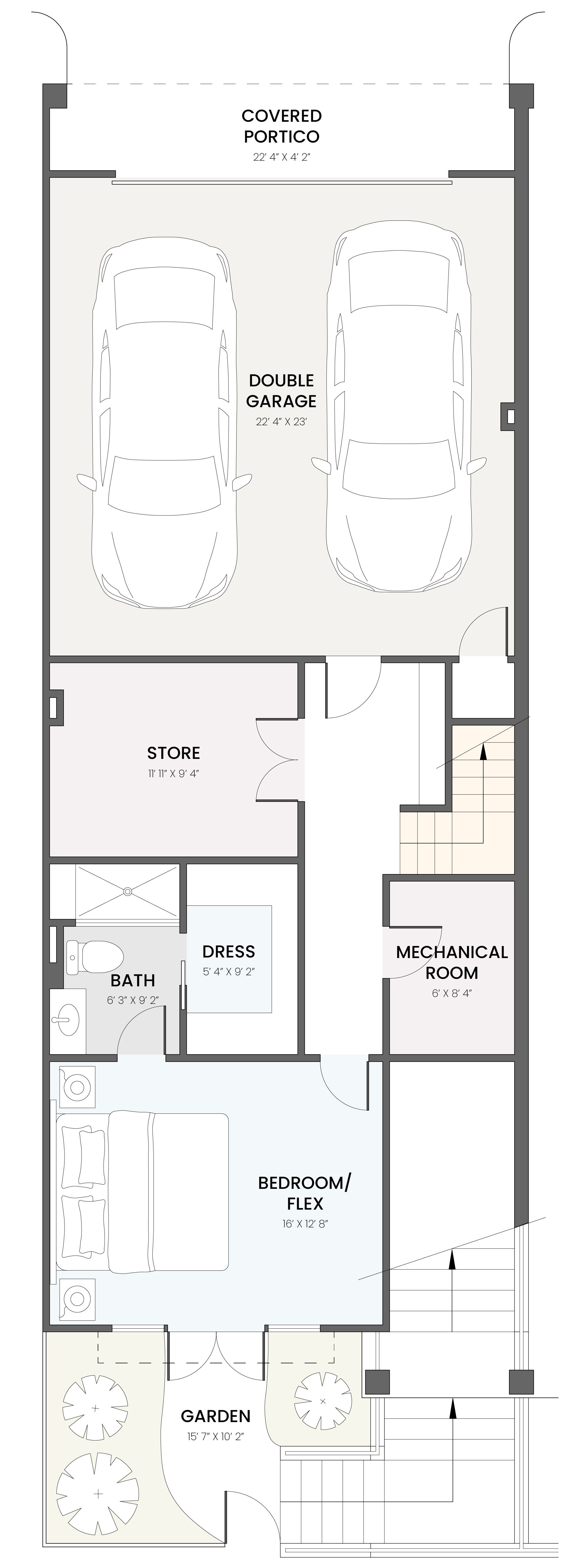 Floor plan of a residential home featuring a bedroom/flex space, bathroom, dressing area, mudroom, two storage rooms, garage, and covered area, with an outdoor patio.