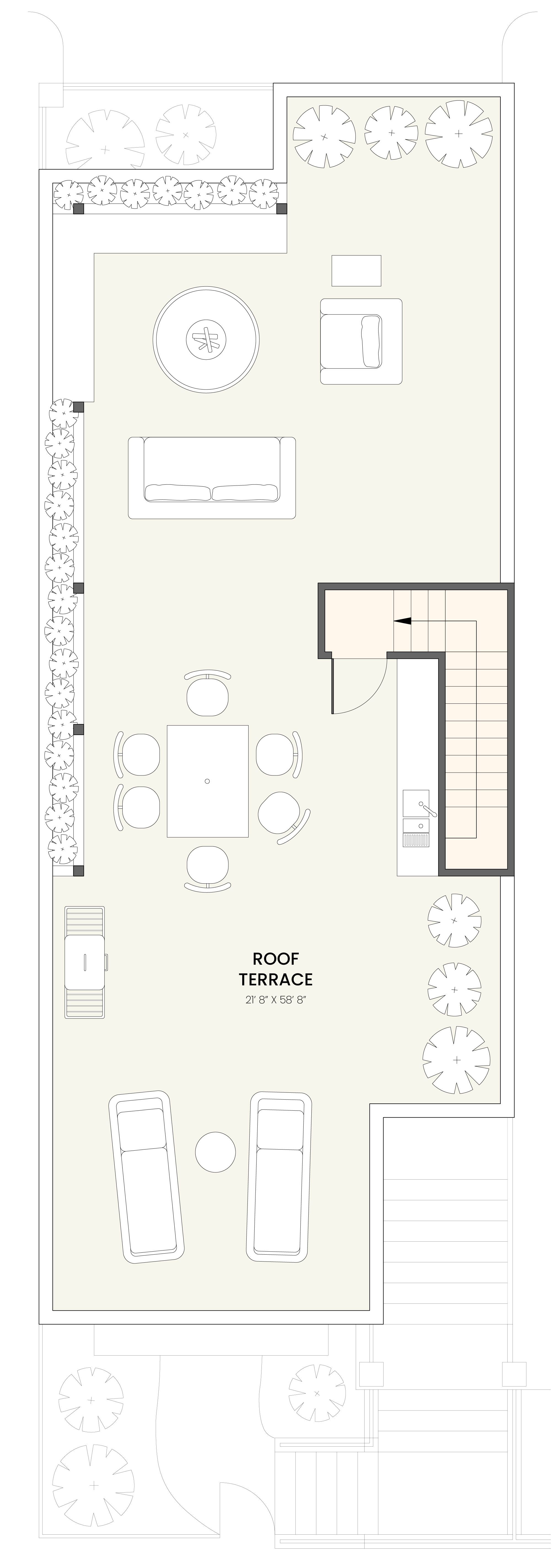 Architectural floor plan of an outdoor rooftop terrace featuring covered and open areas, outdoor seating, dining area, landscaping with trees, and stair access.