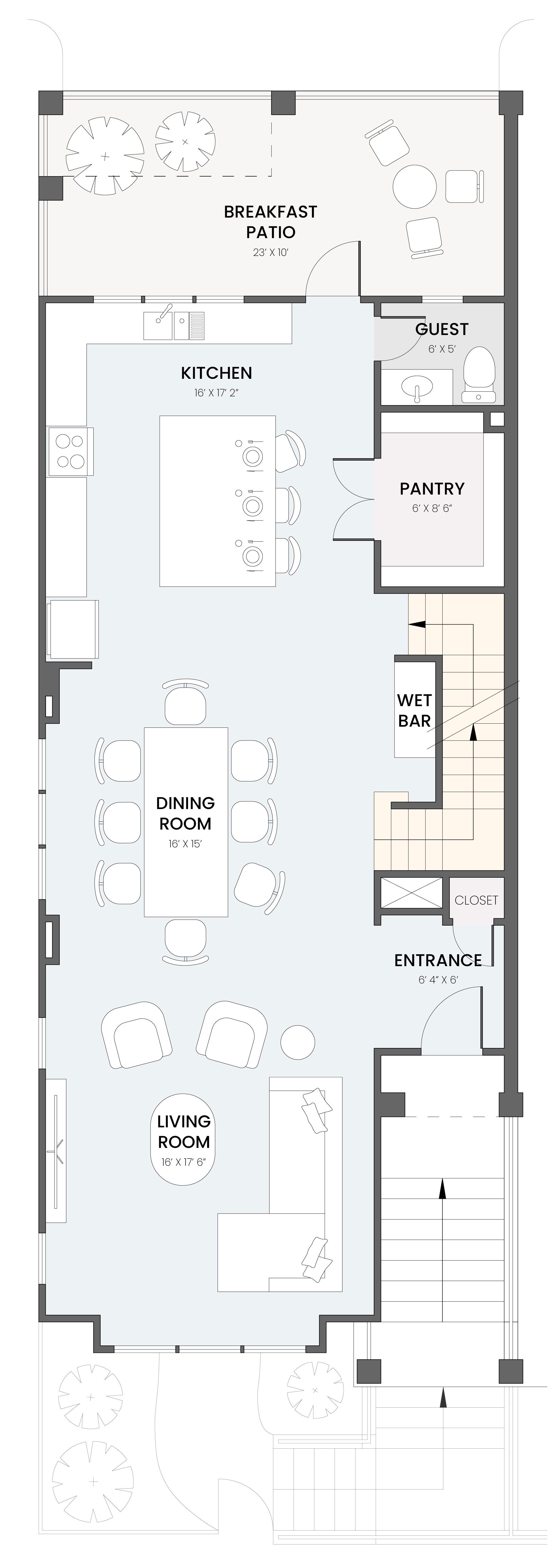 Floor plan of a modern home showing living room, dining room, kitchen with breakfast patio, guest bathroom, pantry, wet bar, and staircase entrance area.
