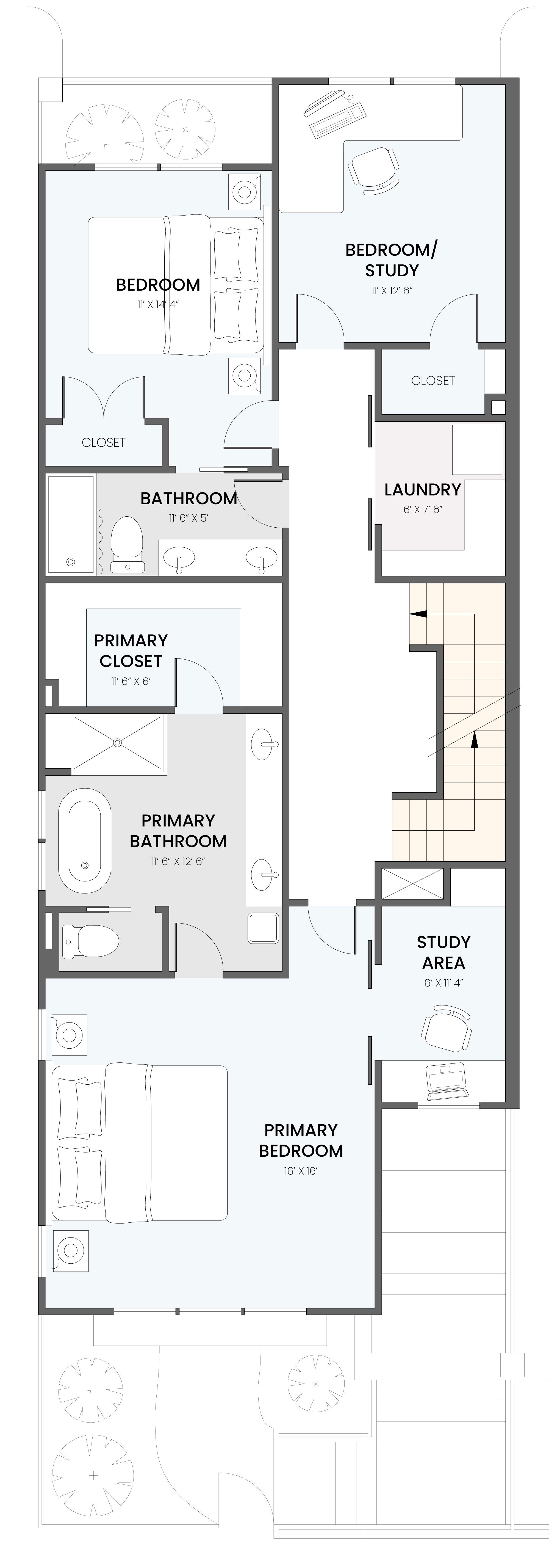 Floor plan of a residential home showing a primary bedroom with an ensuite bathroom, a secondary bedroom with an office/study area, a shared bathroom, laundry room, linen closet, and primary closet.