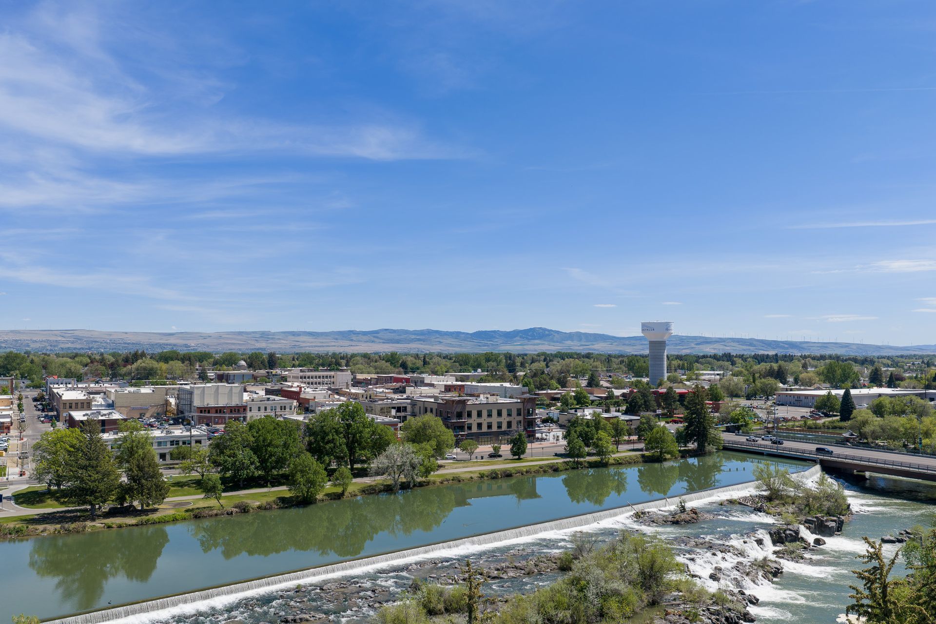 Downtown Idaho Falls and the Snake River falls from above, East Idaho
