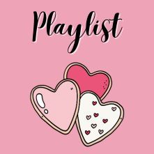 Close-up of a heart-shaped pizza with red heart toppings and the word playlist written above, on a pink background